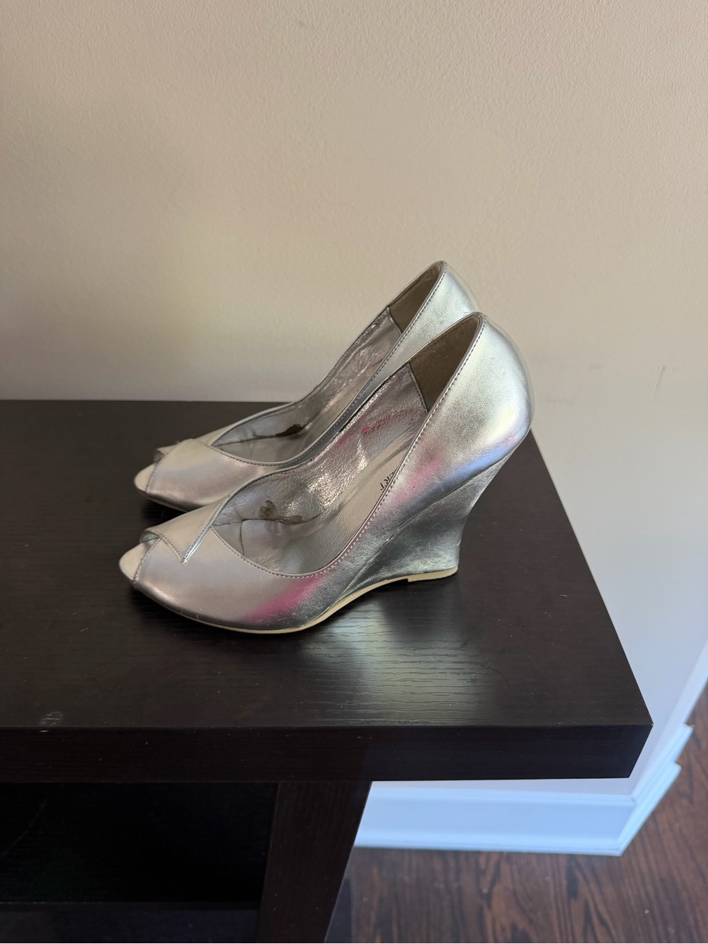 Charles Albert Metallic Silver Peep-Toe Wedge Heels